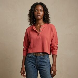 NWT FILOSOFIA Women Henley Top Large Rust Red Tencel Cotton Waffle Knit